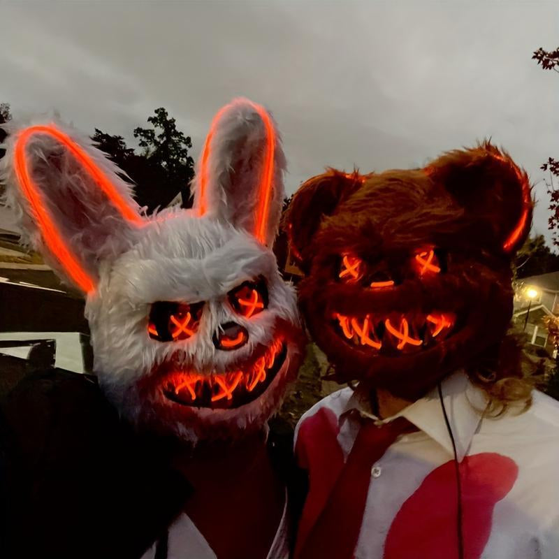 Halloween LED Scary Mask, Trendy LED Light up Rabbit and Bear Mask, Cool Subculture Punk Cosplay Luminous Mask, Creative Party Accessory Masquerade Horror, Battery Powered, for Men and Women Lightweight Christmas