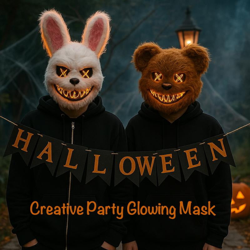 Halloween LED Scary Mask, Trendy LED Light up Rabbit and Bear Mask, Cool Subculture Punk Cosplay Luminous Mask, Creative Party Accessory Masquerade Horror, Battery Powered, for Men and Women Lightweight Christmas